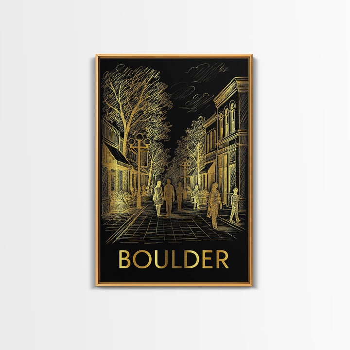 Boulder Travel Poster, Canvas Print, Elegant Gold City Art, Boulder Poster Print, Watercolor Urban Skyline, Travel Wall Art, Poster Art