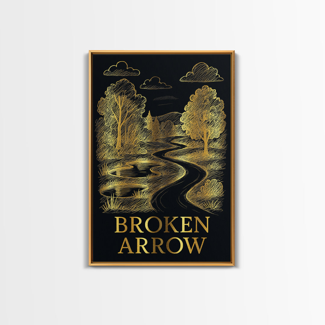 Broken Arrow Oklahoma Travel Poster, Canvas Print, Black And Gold Line Art, Broken Arrow Poster Print, City Travel Prints, Fine Art Print