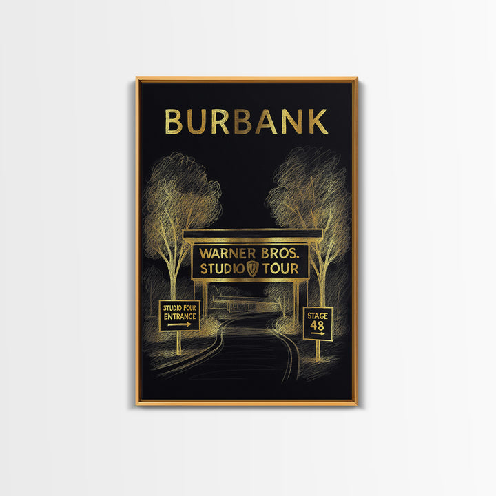 Burbank California Travel Poster, Canvas Print, Gold Sketch Wall Art, Burbank City Art, Retro Travel Print, City Illustration, Office Decor