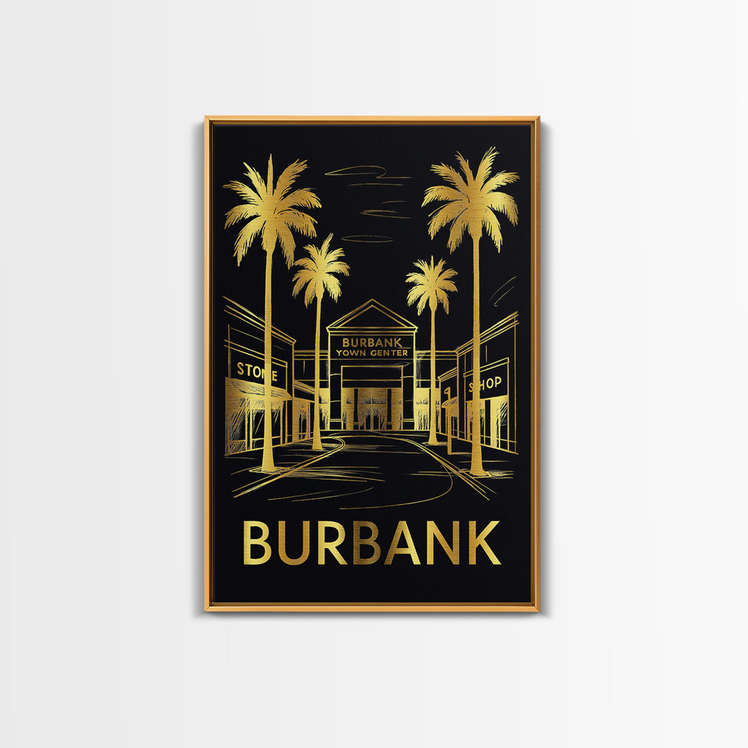 Burbank Travel Poster, Framed Canvas Print, Black And Gold Line Art, Burbank Wall Art, Vintage City Art, Retro Travel Print, Travel Gift