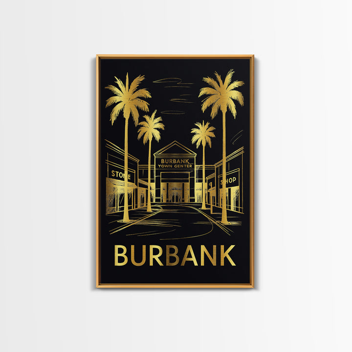Burbank Travel Poster, Framed Canvas Print, Black And Gold Line Art, Burbank Wall Art, Vintage City Art, Retro Travel Print, Travel Gift