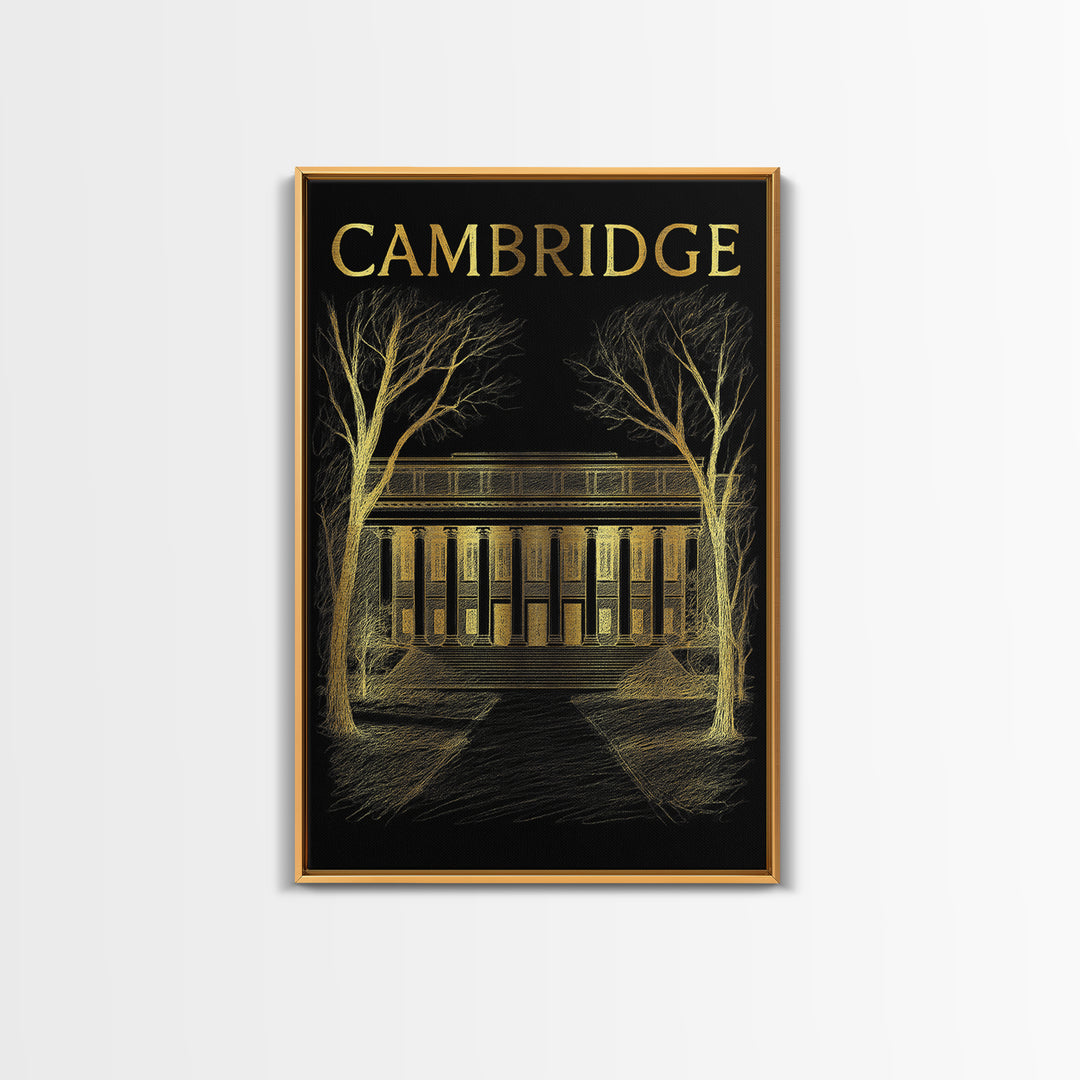 Cambridge Massachusetts Travel Poster, Canvas Print, Gold Sketch Wall Art, Cambridge Poster Print, Wall Decor, Travel Print, Poster Art