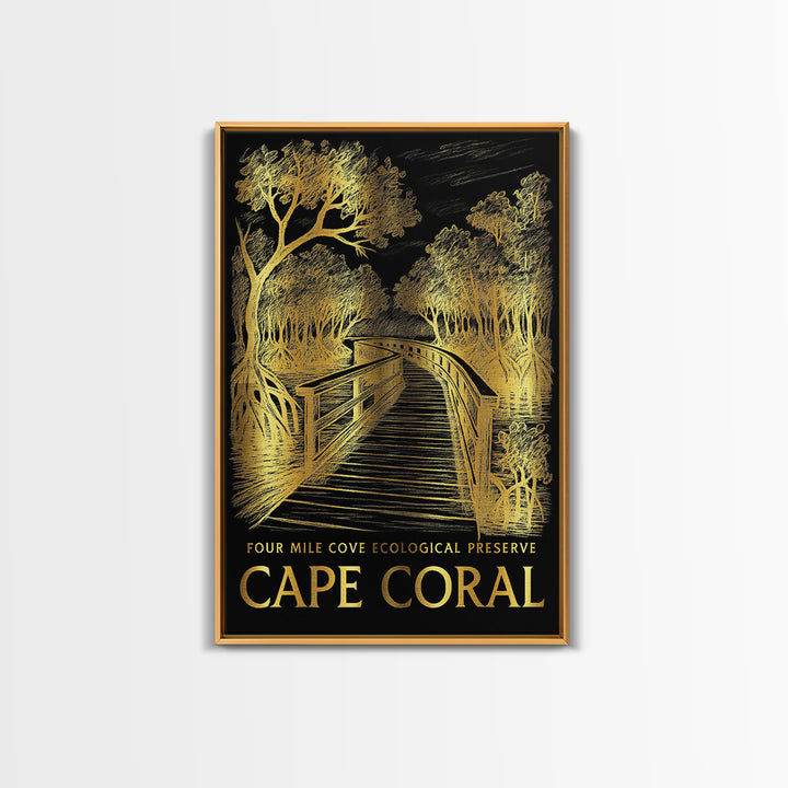 Cape Coral Travel Poster, Framed Canvas Print, Elegant Gold City Art, Cape Coral Poster Print, Travel Poster Art, Living Room Wall Art