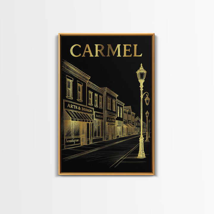 Carmel Indiana Travel Poster, Canvas Print, Elegant Gold City Art, Carmel Art Print, Retro Travel Print, Travel Wall Decor, City Art Print