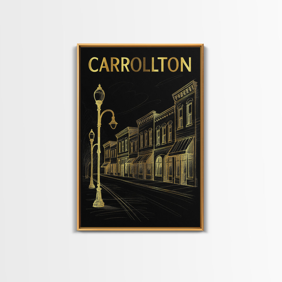 Carrollton Texas Travel Poster, Canvas Print, Gold Sketch Wall Art, Carrollton City Art, Travel Wall Art, Travel Poster Art, Office Decor