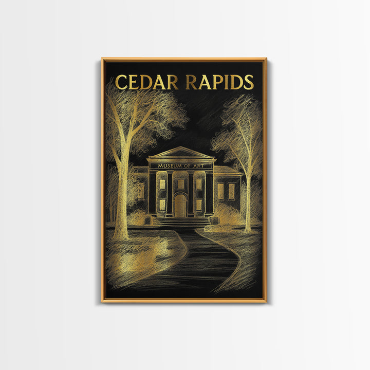 Cedar Rapids Iowa Travel Poster, Canvas Print, Elegant Gold City Art, Cedar Rapids City Art, City Travel Prints, Mid Century Wall Art