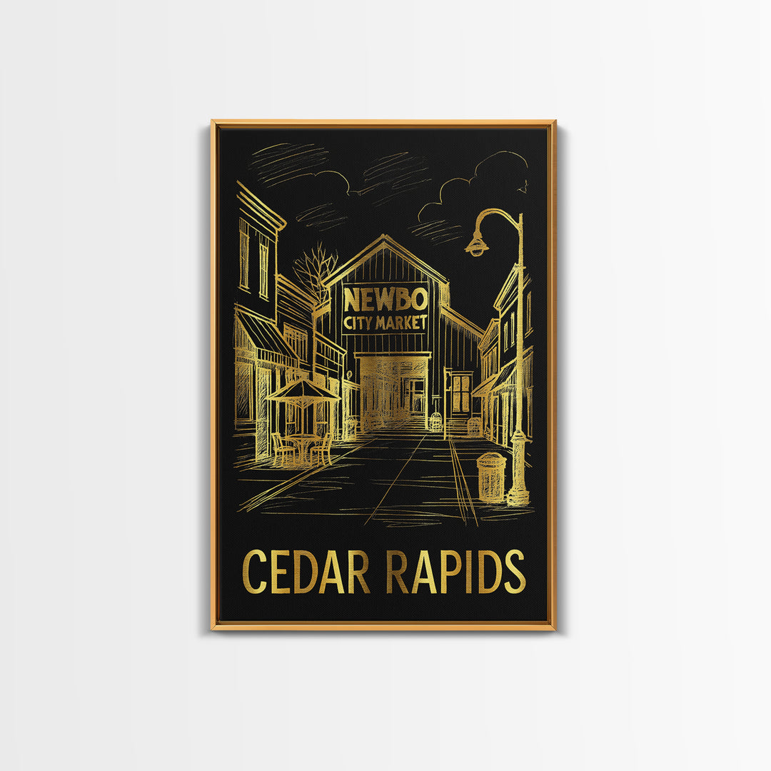 Cedar Rapids Travel Poster, Framed Canvas Print, Gold Sketch Wall Art, Cedar Rapids Art Print, Home Office Decor, Mid Century Wall Art