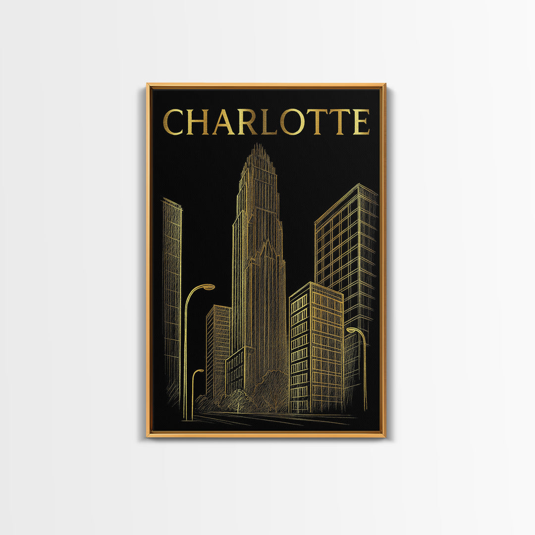 Charlotte North Carolina Travel Poster, Canvas Print, Dark Background Poster Art, Charlotte Travel Art, City Poster, Watercolor City Skyline