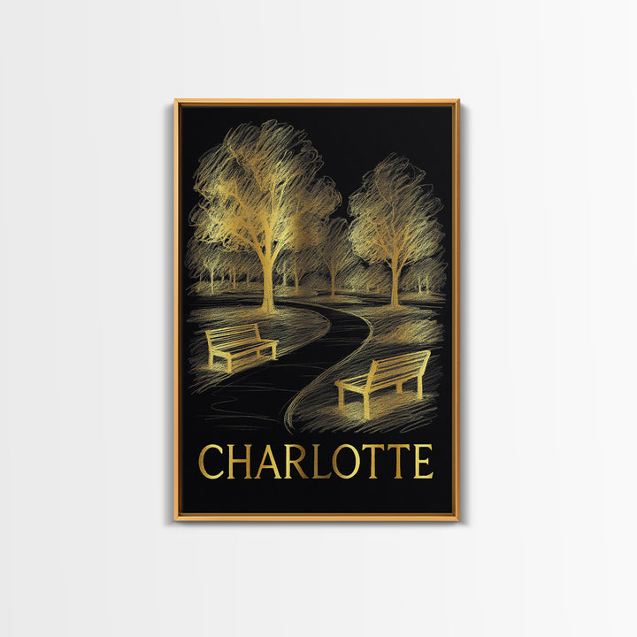 Charlotte Travel Poster, Framed Canvas Print, Dark Background Poster Art, Charlotte Art Print, Watercolor Skyline, Travel Poster Set