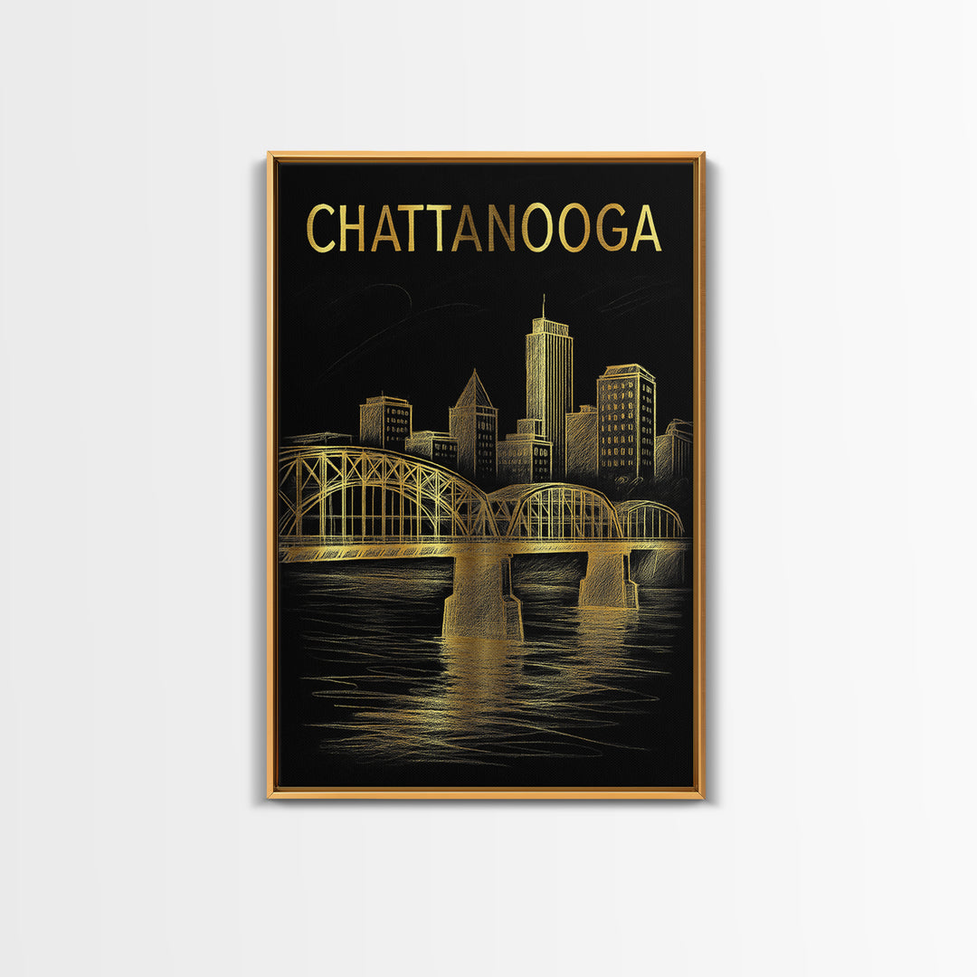 Chattanooga Tennessee Travel Poster, Canvas Print, Black And Gold Line Art, Chattanooga Wall Art, Living Room Wall Art, Travel Wall Decor