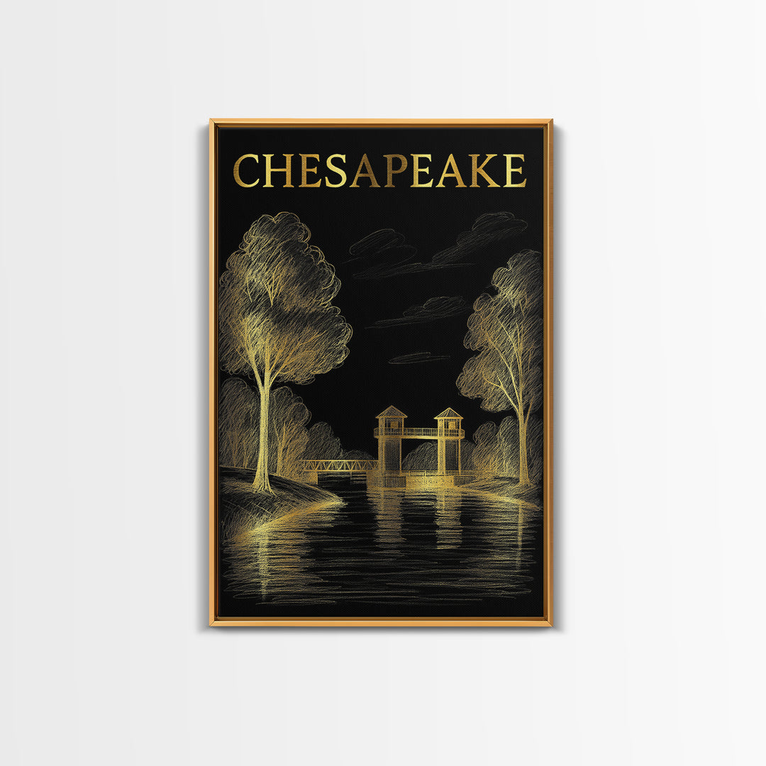 Chesapeake Virginia Travel Poster, Framed Canvas Print, Black And Gold Line Art, Chesapeake Art Print, Travel Poster Set, Vintage Travel Art