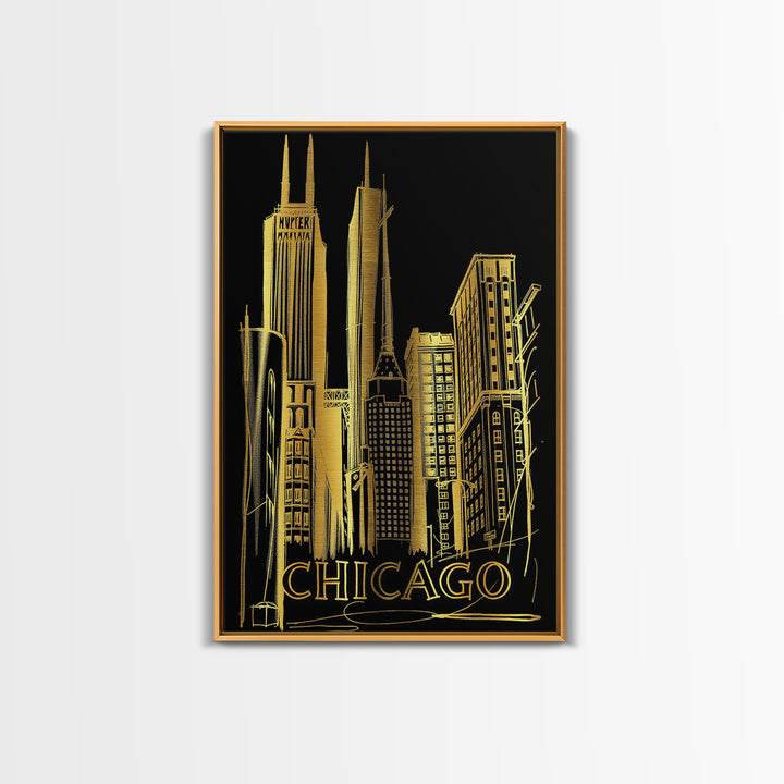 Chicago Illinois Travel Poster, Canvas Print, Black And Gold Line Art, Chicago Travel Art, Mid Century Wall Art, Wall Art, Wall Art