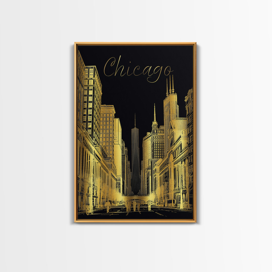 Chicago Travel Poster, Canvas Print, Elegant Gold City Art, Chicago Wall Art, Travel Poster Art, Travel Wall Decor, Travel Art Print