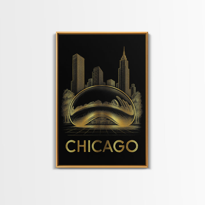 Chicago Travel Poster, Canvas Print, Gold Sketch Wall Art, Chicago Wall Art, Travel Art Print, Vintage City Poster, Gift For Travelers