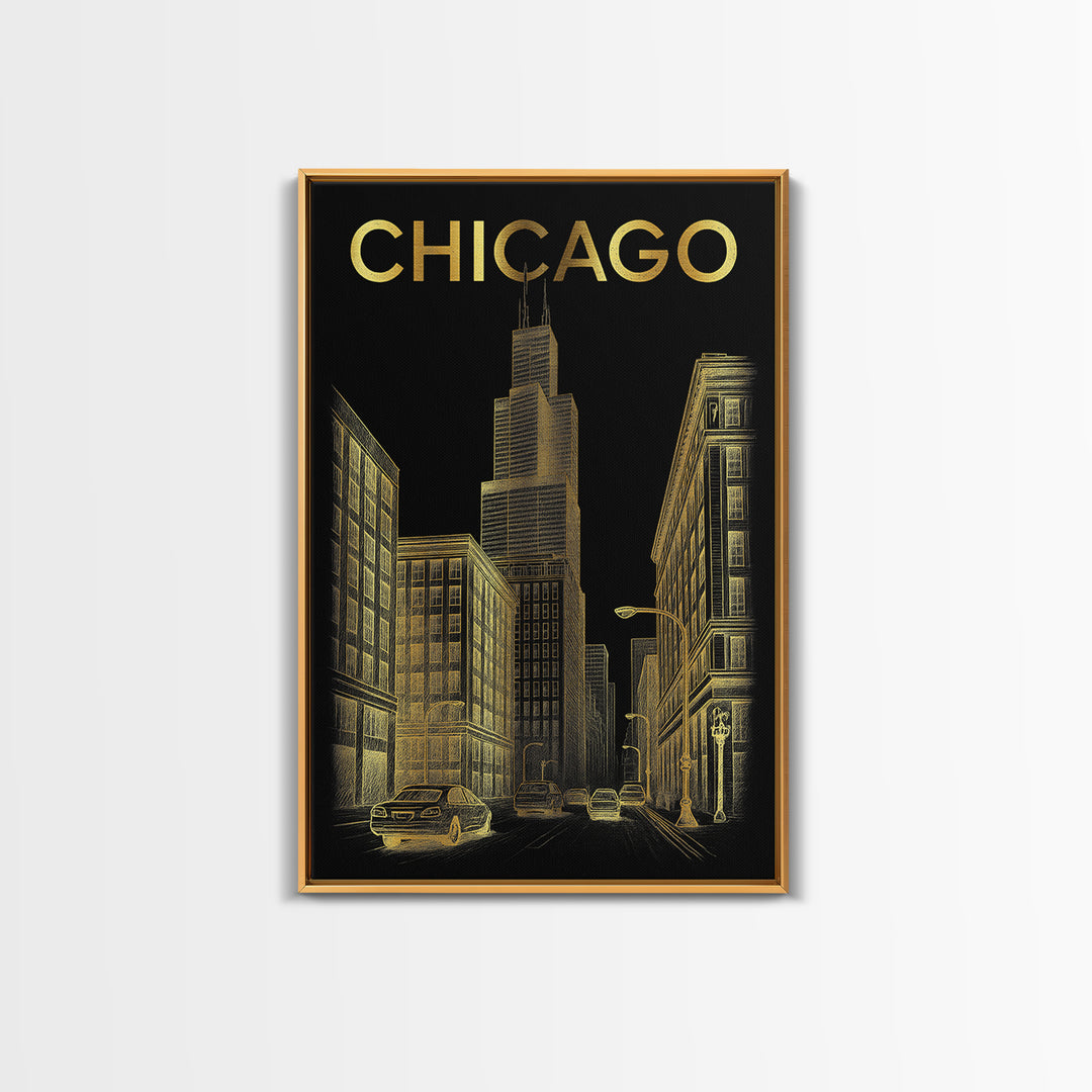Chicago Travel Poster, Canvas Print, Elegant Gold City Art, Chicago City Art, Fine Art Print, City Travel Prints, Travel Wall Decor