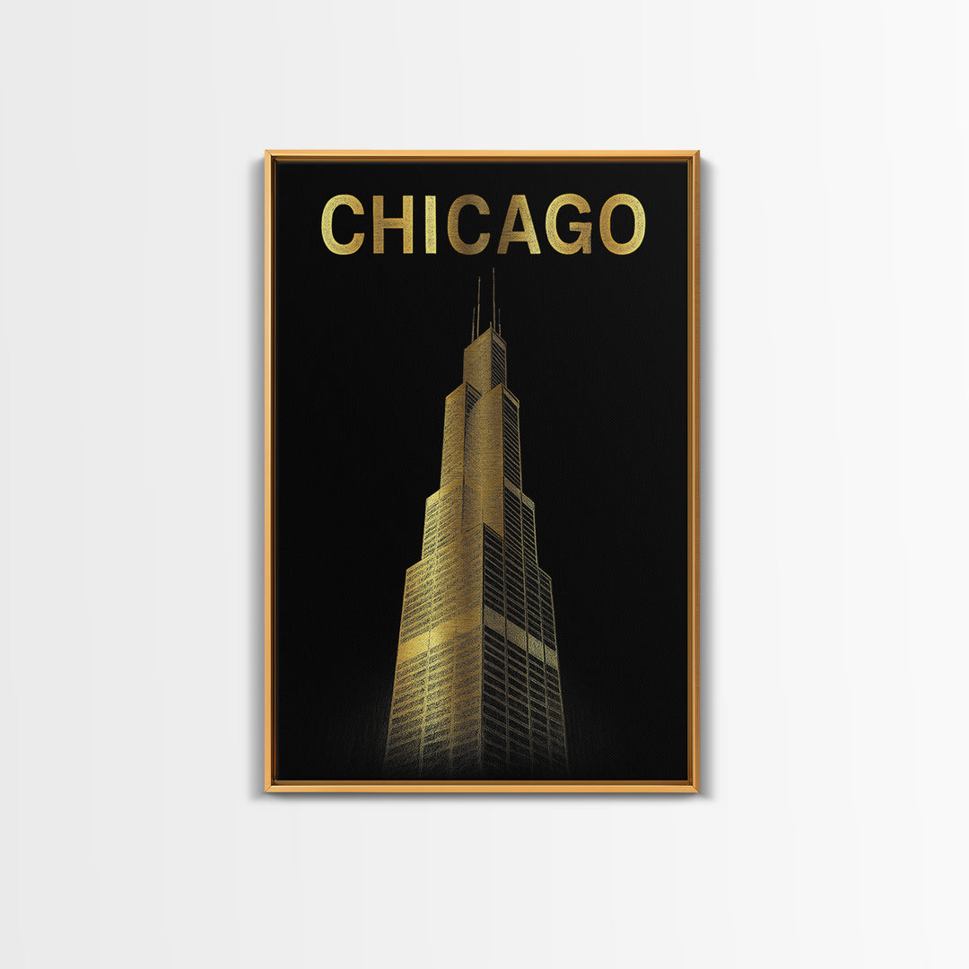 Chicago Travel Poster, Framed Canvas Print, Gold Sketch Wall Art, Chicago Travel Art, Mid Century Wall Art, Travel Poster Art, Design 6