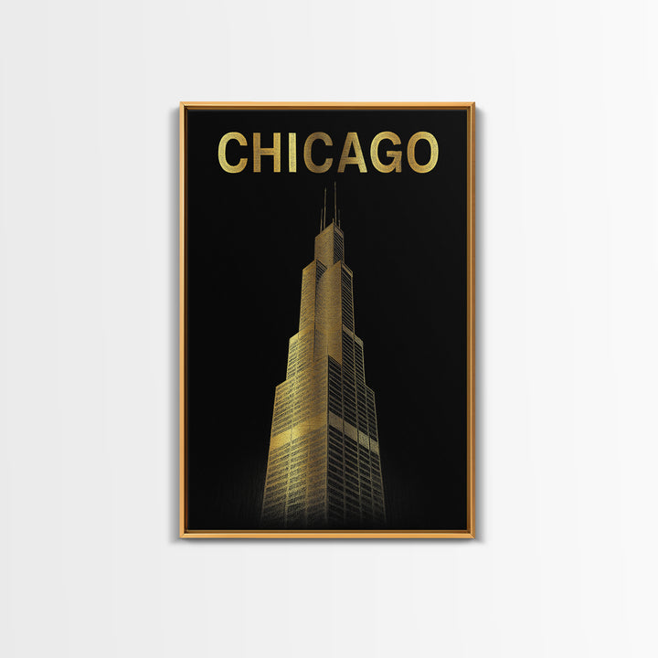 Chicago Travel Poster, Framed Canvas Print, Gold Sketch Wall Art, Chicago Travel Art, Mid Century Wall Art, Travel Poster Art, Design 6