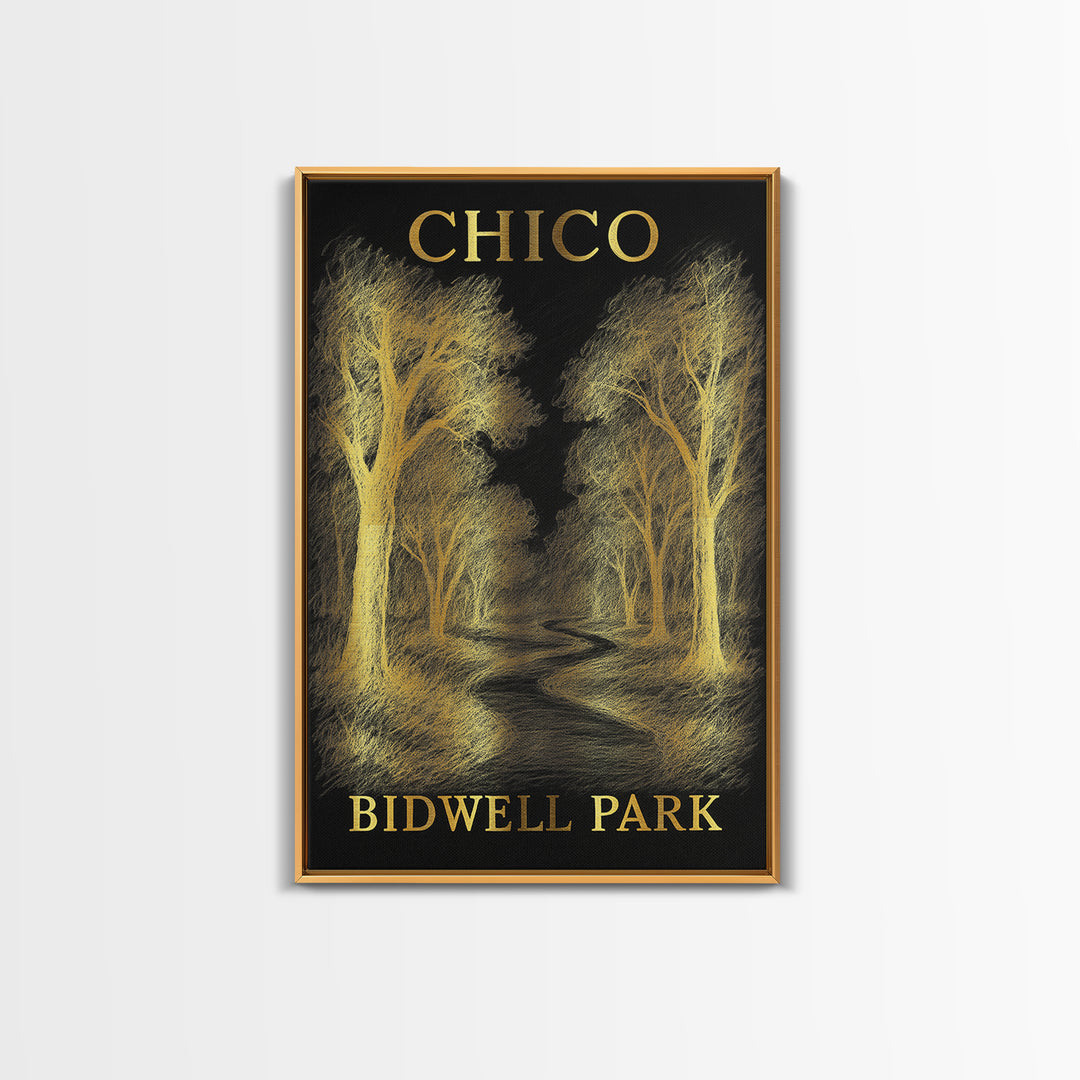 Chico California Travel Poster, Canvas Print, Black And Gold Line Art, Chico Wall Art, Wall Art, Vintage Travel Print, Travel Wall Art