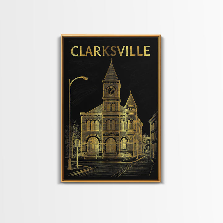 Clarksville Tennessee Travel Poster, Canvas Print, Gold Sketch Wall Art, Clarksville Travel Art, Wall Decor, City Travel Prints, Poster Art