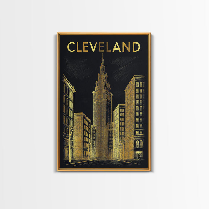 Cleveland Ohio Travel Poster, Framed Canvas Print, Elegant Gold City Art, Cleveland Wall Art, Fine Art Print, Travel Poster Set, Home Decor