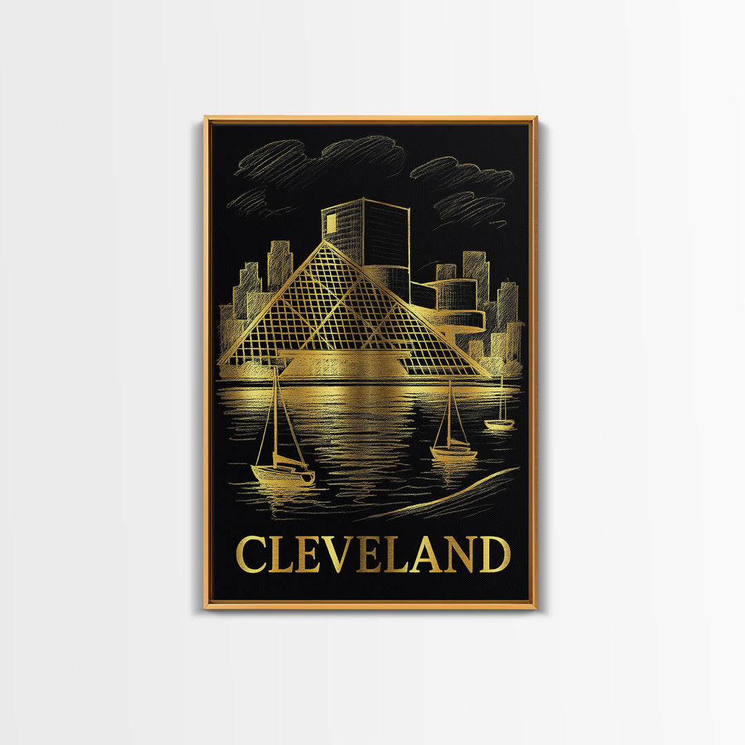 Cleveland Travel Poster, Framed Canvas Print, Gold Sketch Wall Art, Cleveland Travel Art, City Travel Prints, Mid Century Wall Art