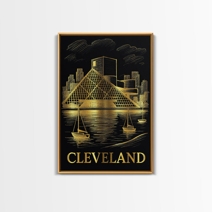Cleveland Travel Poster, Framed Canvas Print, Gold Sketch Wall Art, Cleveland Travel Art, City Travel Prints, Mid Century Wall Art