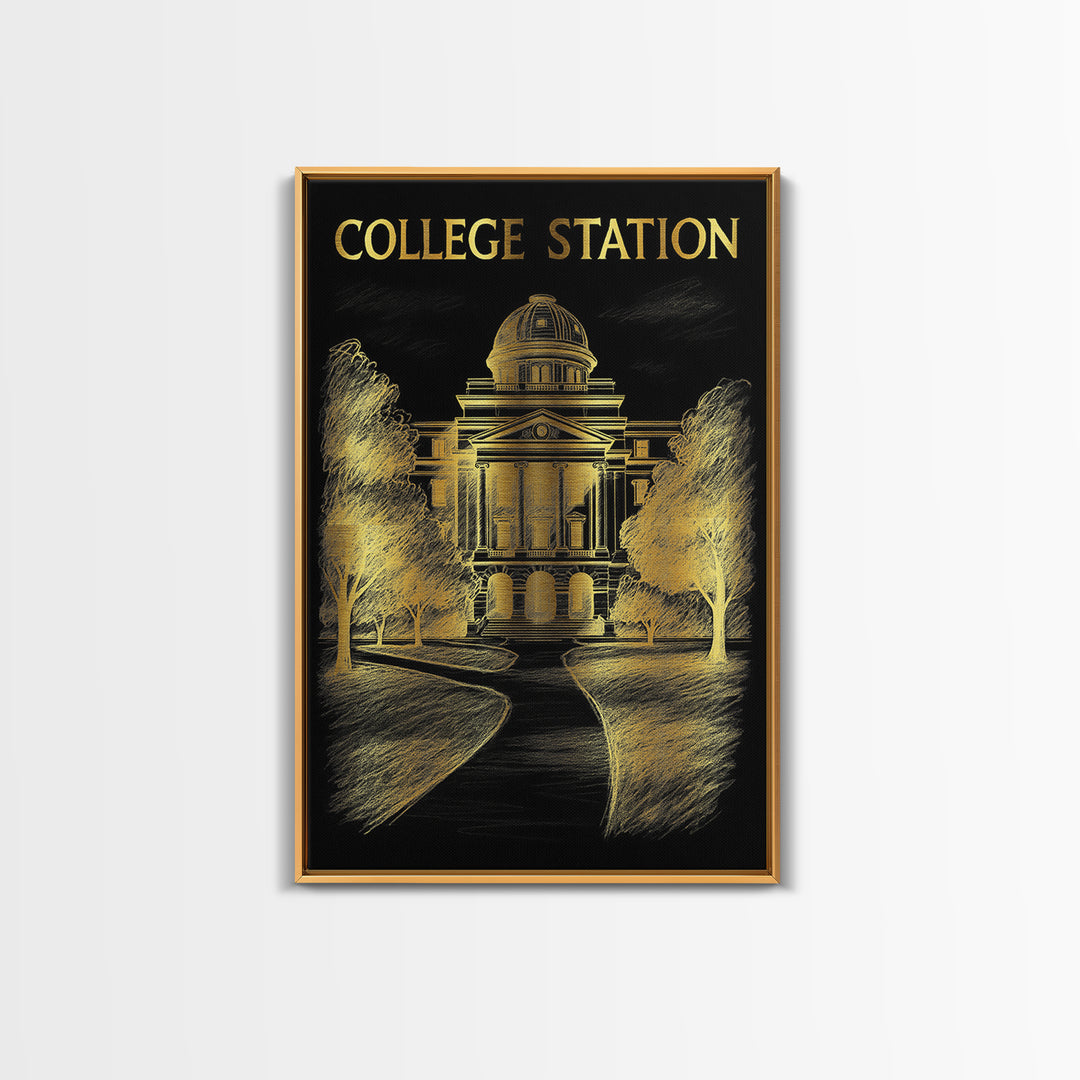 College Station Texas Travel Poster, Framed Canvas Print, Black And Gold Line Art, College Station Art Print, Eclectic Wall Decor, Art Print