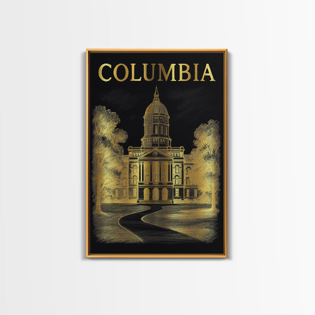 Columbia Travel Poster, Framed Canvas Print, Black And Gold Line Art, Columbia City Art, Home Office Decor, Travel Wall Decor, Design 2