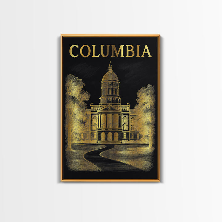 Columbia Travel Poster, Framed Canvas Print, Black And Gold Line Art, Columbia City Art, Home Office Decor, Travel Wall Decor, Design 2