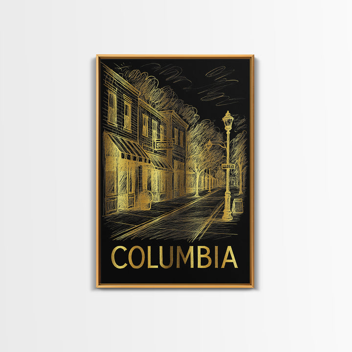 Columbia Travel Poster, Framed Canvas Print, Black And Gold Line Art, Columbia Poster Print, Retro Travel Print, Vintage City Poster