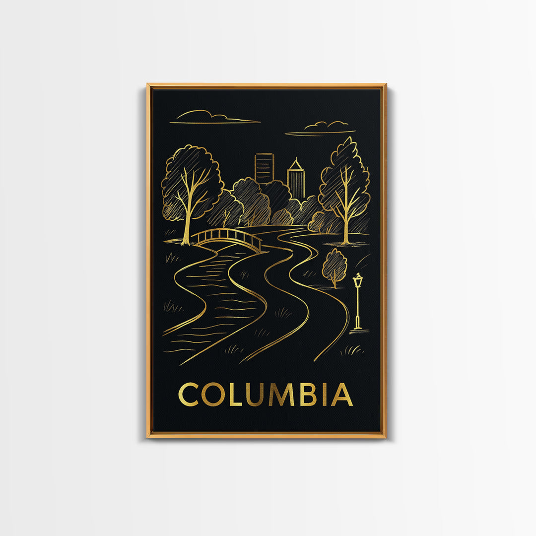 Columbia Travel Poster, Framed Canvas Print, Dark Background Poster Art, Columbia Travel Art, Living Room Wall Art, Vintage Travel Print