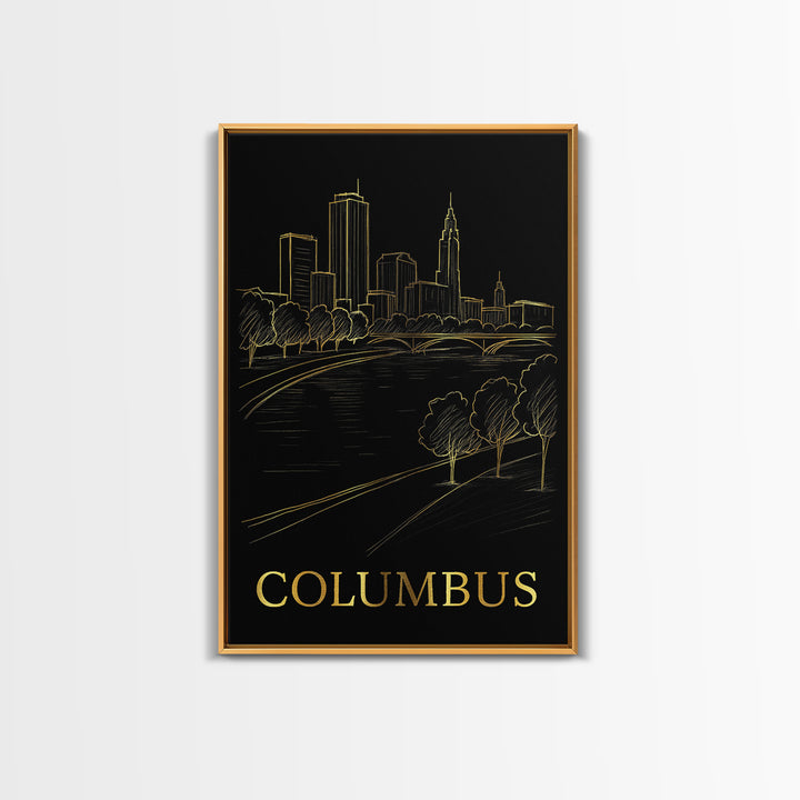 Columbus Travel Poster, Framed Canvas Print, Gold Sketch Wall Art, Columbus Art Print, Gift For Travelers, Vintage Travel Art, Design 5