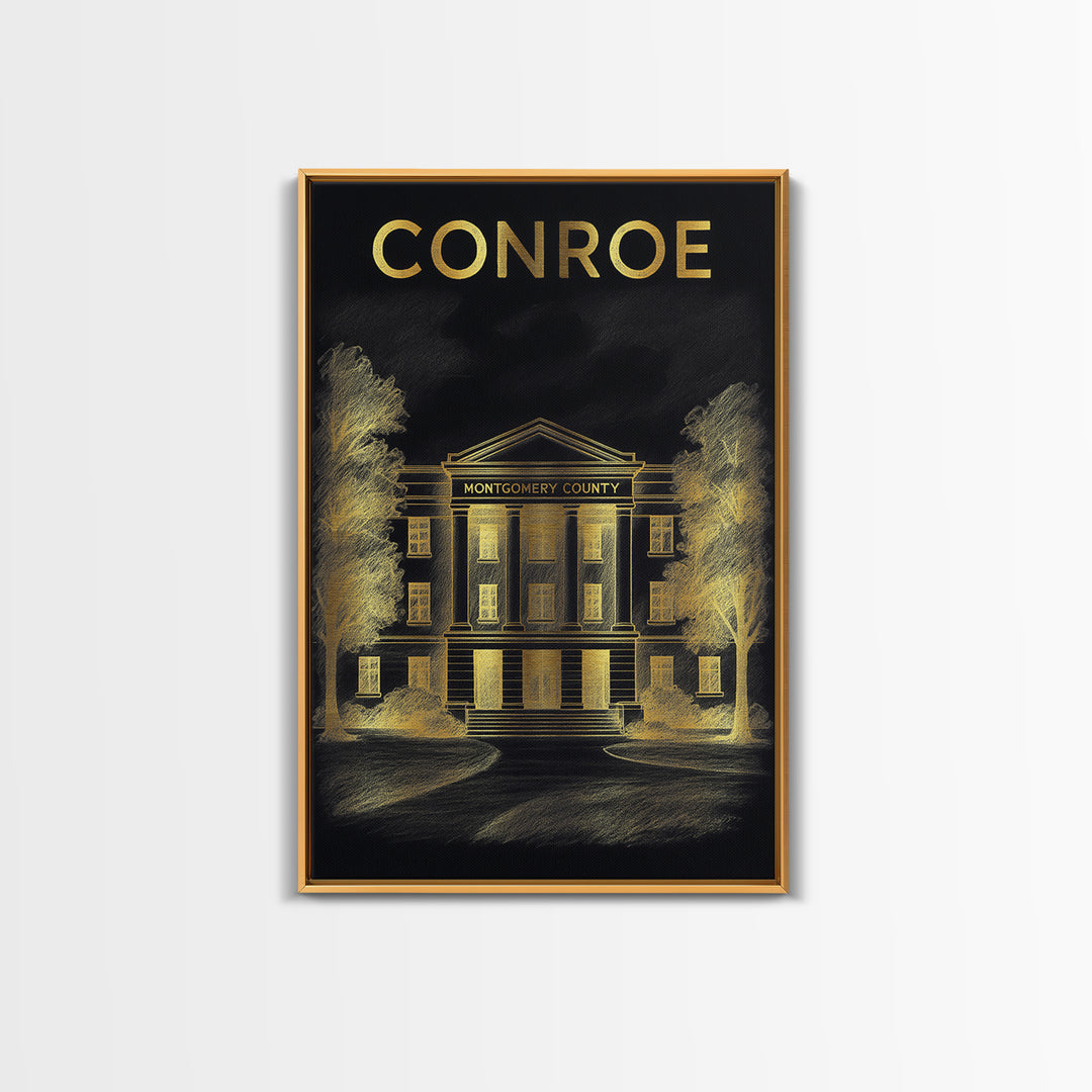 Conroe Texas Travel Poster, Canvas Print, Black And Gold Line Art, Conroe Travel Art, Travel Wall Decor, City Art Print, Travel Poster Art