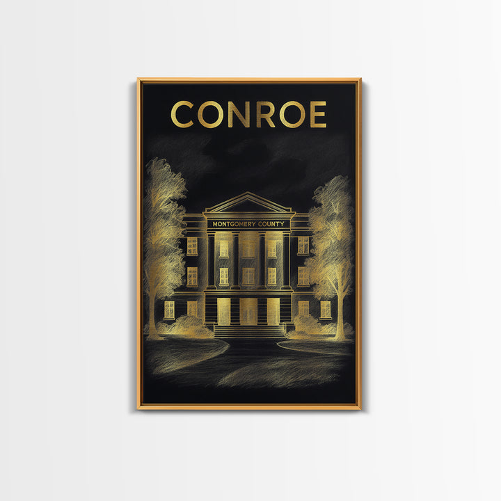 Conroe Texas Travel Poster, Canvas Print, Black And Gold Line Art, Conroe Travel Art, Travel Wall Decor, City Art Print, Travel Poster Art