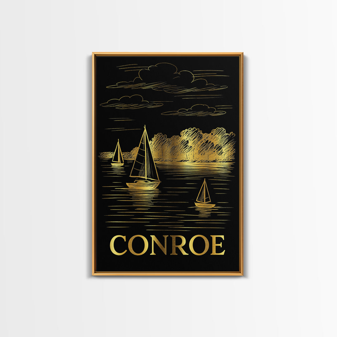Conroe Travel Poster, Canvas Print, Black And Gold Line Art, Conroe City Art, Travel Wall Decor, Retro Travel Print, Home Office Decor
