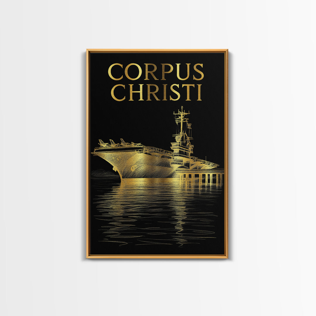 Corpus Christi Travel Poster, Framed Canvas Print, Elegant Gold City Art, Corpus Christi Art Print, Travel Wall Decor, Living Room Wall Art