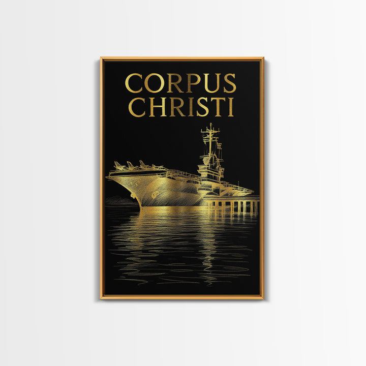 Corpus Christi Travel Poster, Framed Canvas Print, Elegant Gold City Art, Corpus Christi Art Print, Travel Wall Decor, Living Room Wall Art