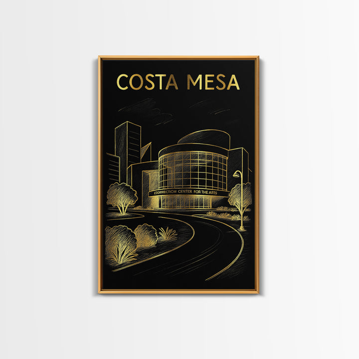 Costa Mesa California Travel Poster, Framed Canvas Print, Gold Sketch Wall Art, Costa Mesa City Art, Travel Poster Art, Mid Century Wall Art