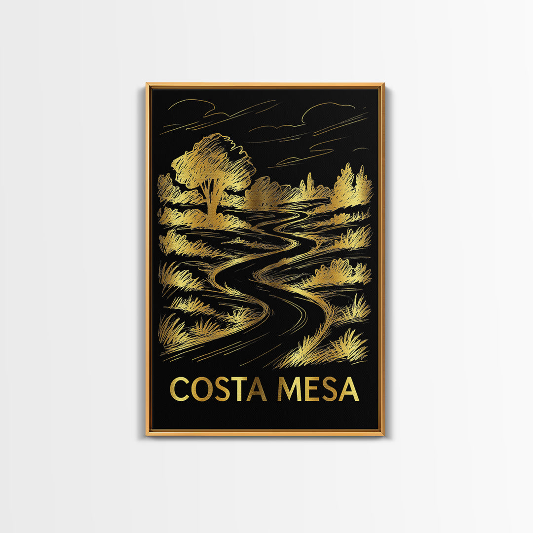 Costa Mesa Travel Poster, Framed Canvas Print, Black And Gold Line Art, Costa Mesa Art Print, Home Office Decor, Living Room Wall Art
