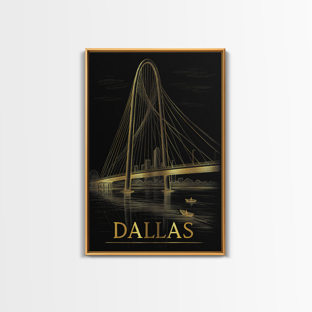 Dallas Travel Poster, Framed Canvas Print, Black And Gold Line Art, Dallas Wall Art, Fine Art Print, Vintage City Poster, City Illustration