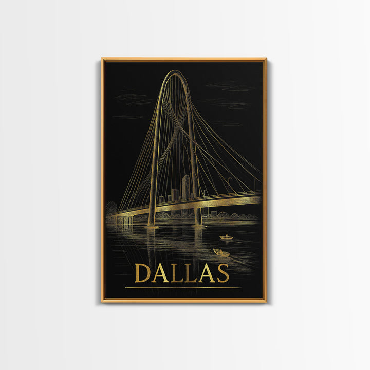 Dallas Travel Poster, Framed Canvas Print, Black And Gold Line Art, Dallas Wall Art, Fine Art Print, Vintage City Poster, City Illustration