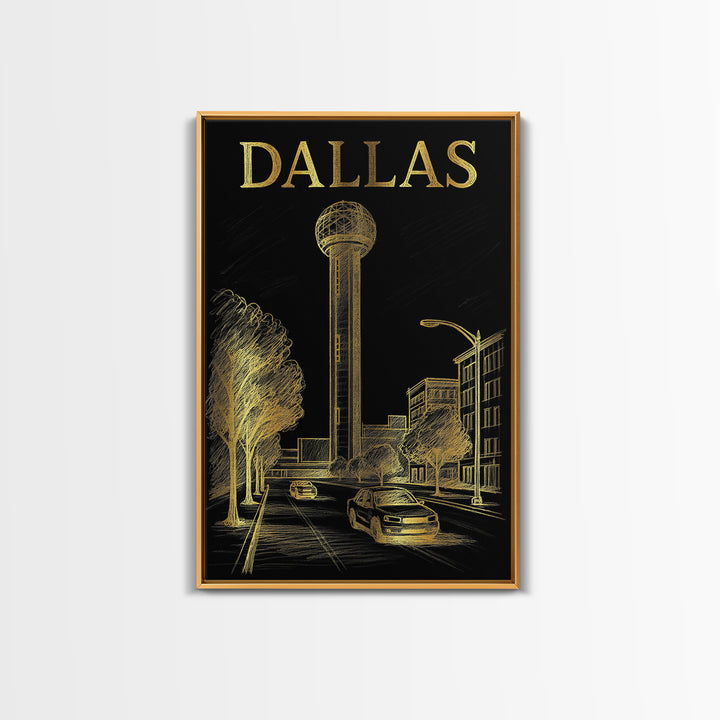 Dallas Travel Poster, Framed Canvas Print, Black And Gold Line Art, Dallas Poster Print, Vintage Travel Print, Travel Poster Set