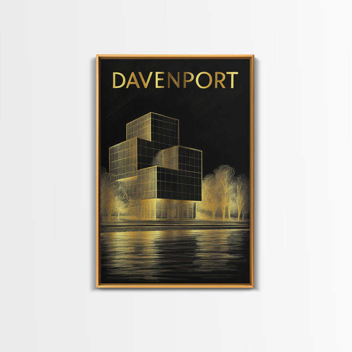 Davenport Iowa Travel Poster, Framed Canvas Print, Dark Background Poster Art, Davenport Wall Art, Gift For Travelers, Modern Wall Decor
