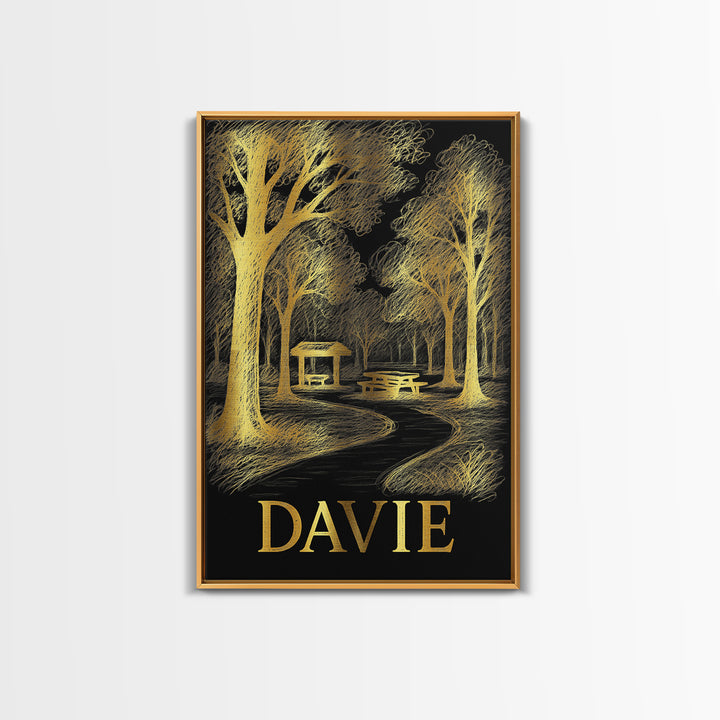 Davie Travel Poster, Framed Canvas Print, Elegant Gold City Art, Davie Travel Art, Vintage City Poster, Living Room Wall Art, Design 2
