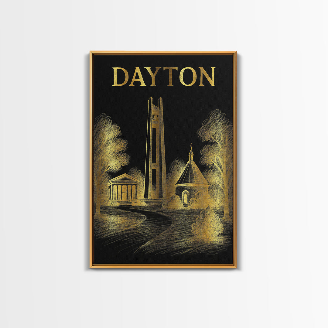 Dayton Ohio Travel Poster, Canvas Print, Black And Gold Line Art, Dayton Art Print, Travel Art Print, Gift For Travelers, Travel Print