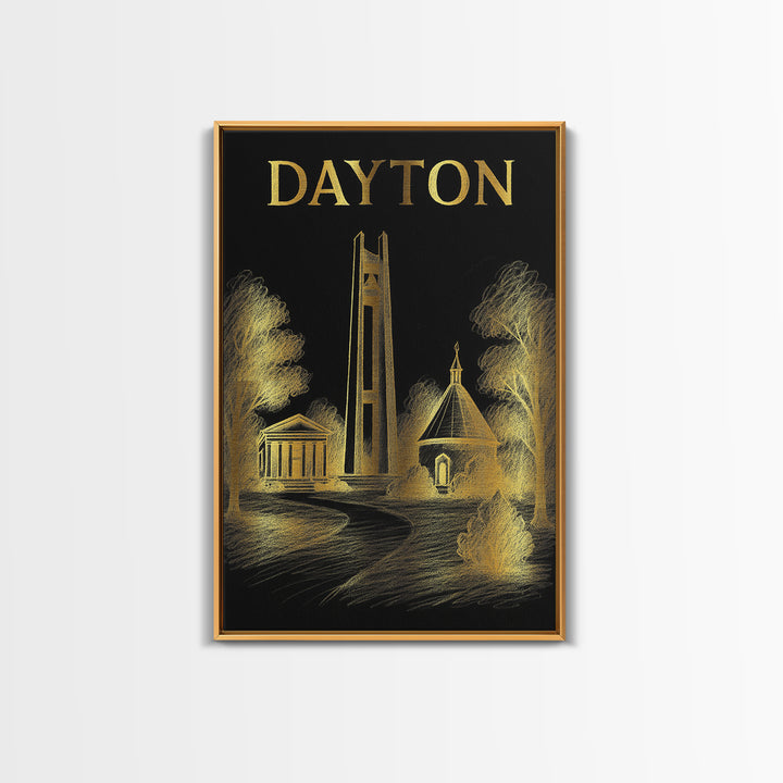 Dayton Ohio Travel Poster, Canvas Print, Black And Gold Line Art, Dayton Art Print, Travel Art Print, Gift For Travelers, Travel Print