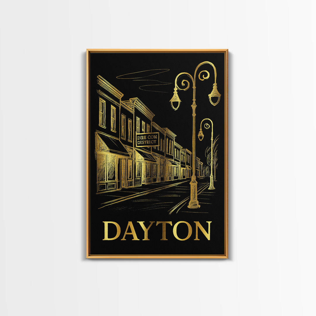 Dayton Travel Poster, Canvas Print, Gold Sketch Wall Art, Dayton City Art, Home Office Decor, Living Room Wall Art, Watercolor Skyline