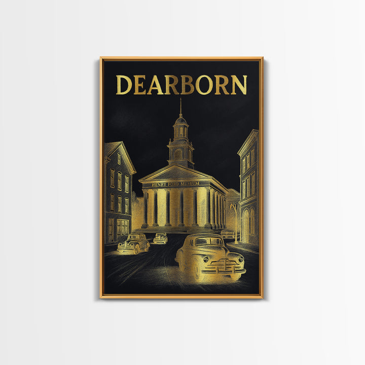 Dearborn Travel Poster, Framed Canvas Print, Gold Sketch Wall Art, Dearborn Poster Print, Travel Poster Art, Wanderlust Decor, Design 1