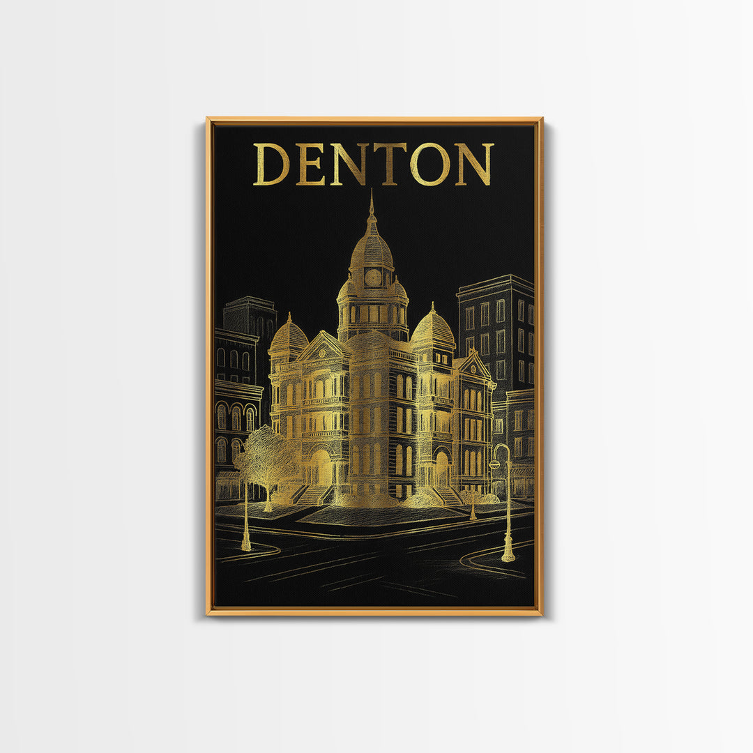 Denton Texas Travel Poster, Canvas Print, Black And Gold Line Art, Denton Travel Art, Vintage Travel Art, Travel Poster Art, Poster Art