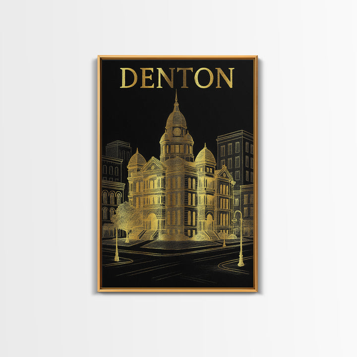 Denton Texas Travel Poster, Canvas Print, Black And Gold Line Art, Denton Travel Art, Vintage Travel Art, Travel Poster Art, Poster Art